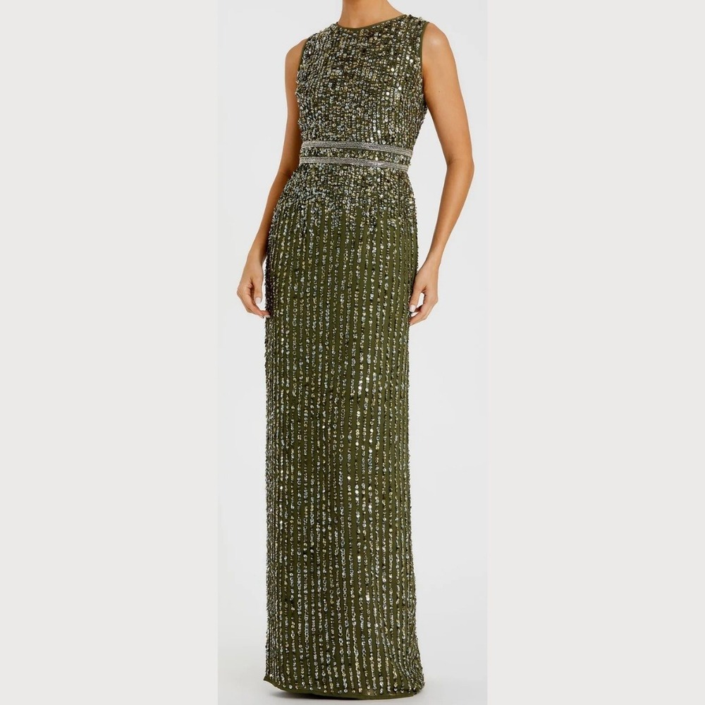 Mac Duggal Size 14 Green Silver Gold Sequin High Neck Long Maxi Gown Dress‎ - Picture 5 of 5